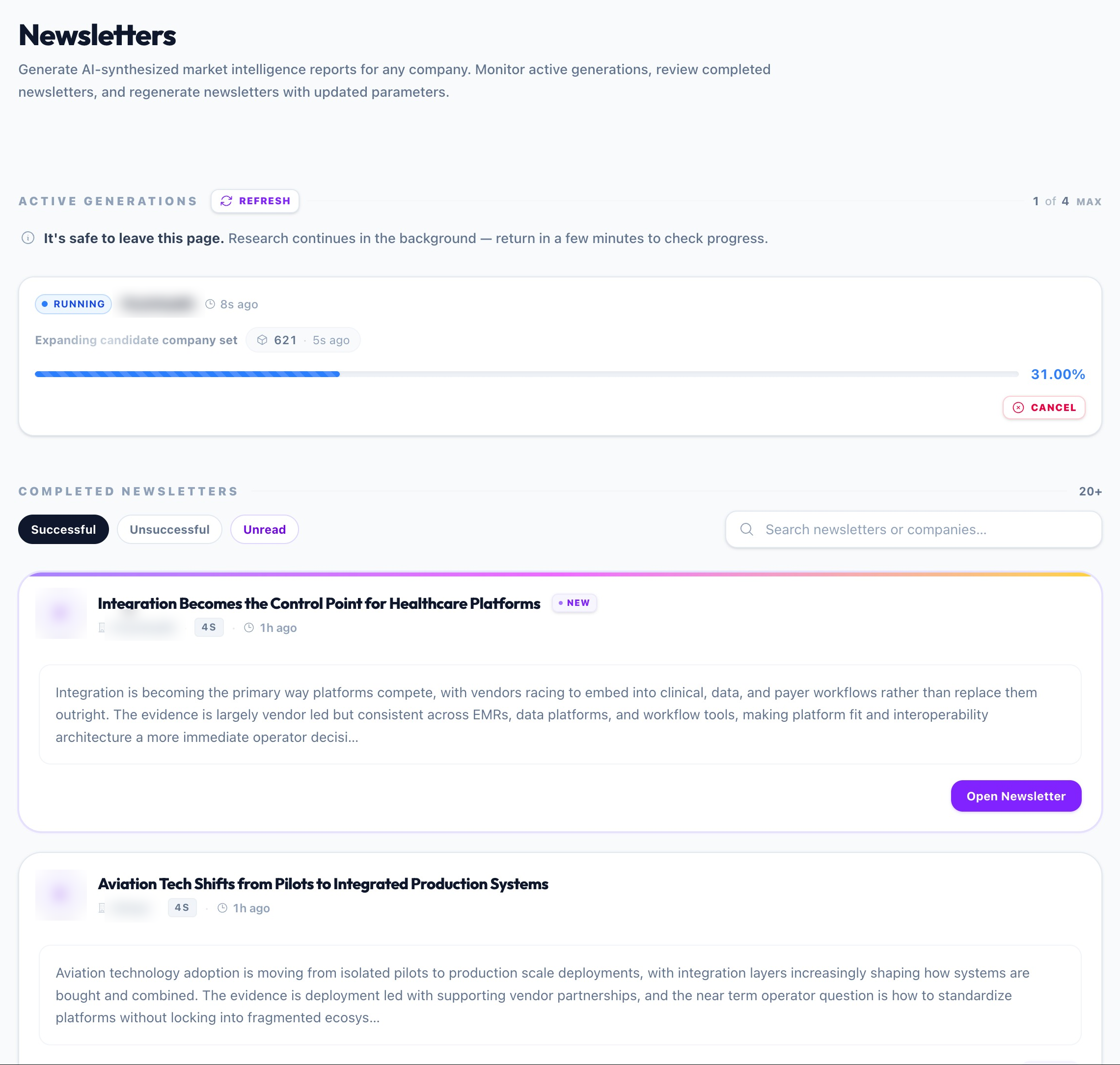 Sentio newsletters dashboard showing a running generation at 31 per cent with cancel control, and completed editions such as "Integration Becomes the Control Point for Healthcare Platforms"