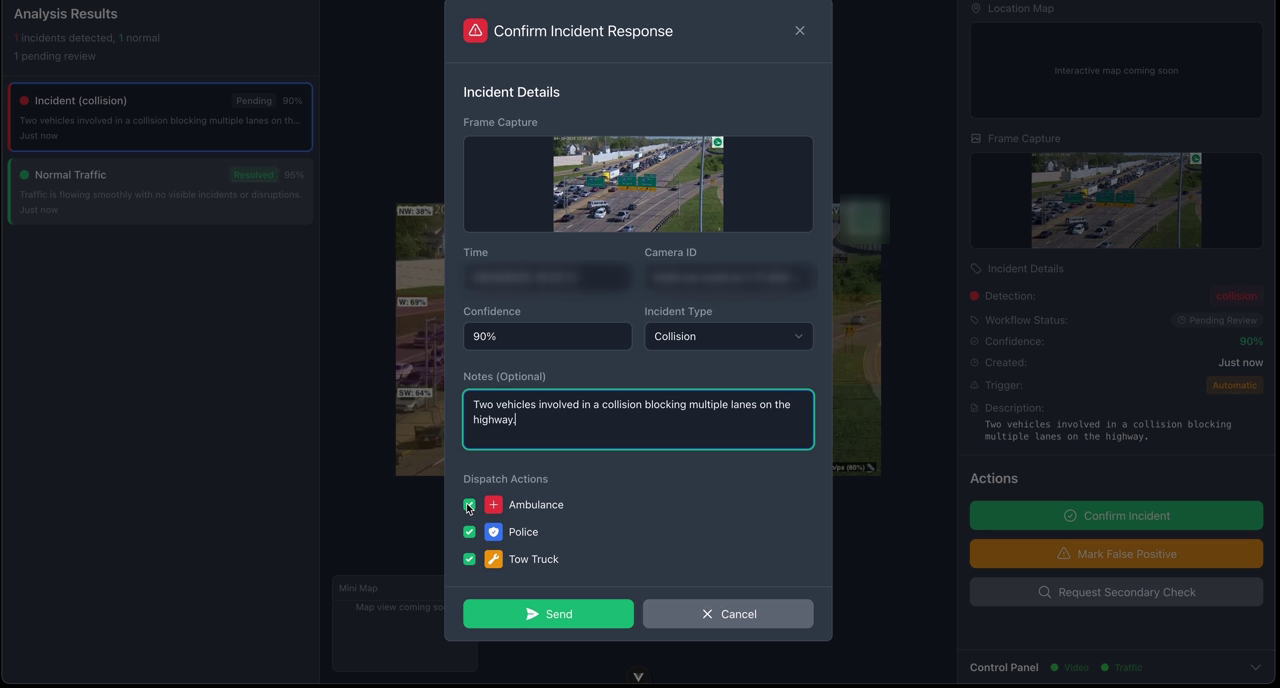 Operator confirming an incident response with frame evidence, incident type, notes and dispatch options