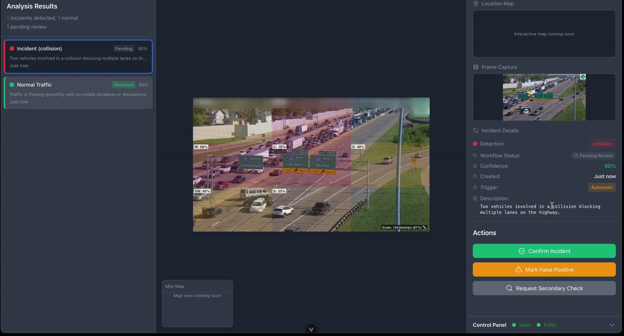 StreetSense incident details panel showing the captured frame, detection type, confidence, workflow status and an AI-written description of the incident