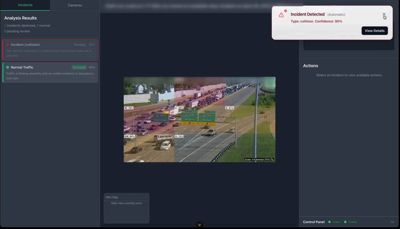 StreetSense raising an automatic collision alert with a confidence score, while the incident appears as pending review